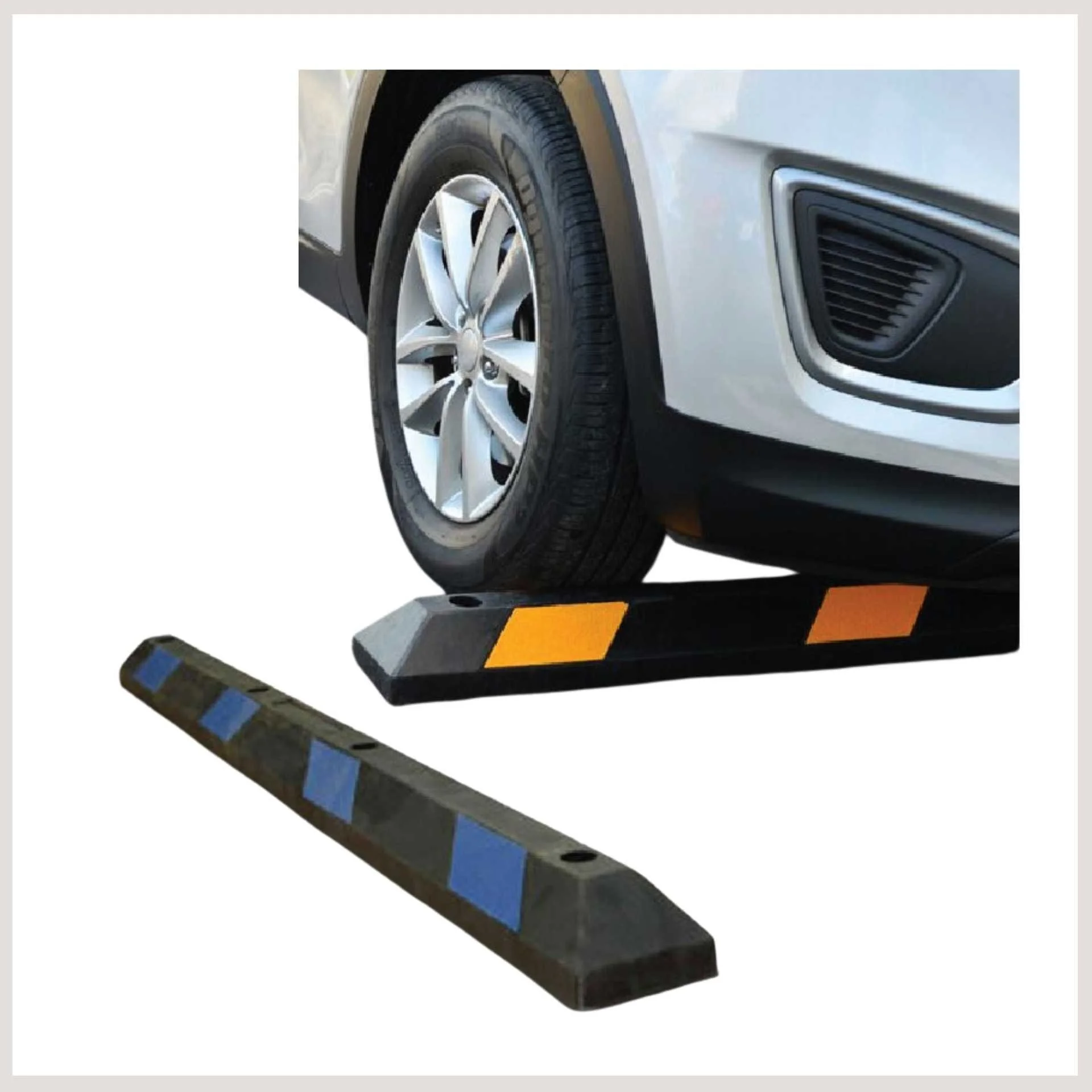 A parked car beside a parking stop, showcasing the vehicle's position in a designated parking area.