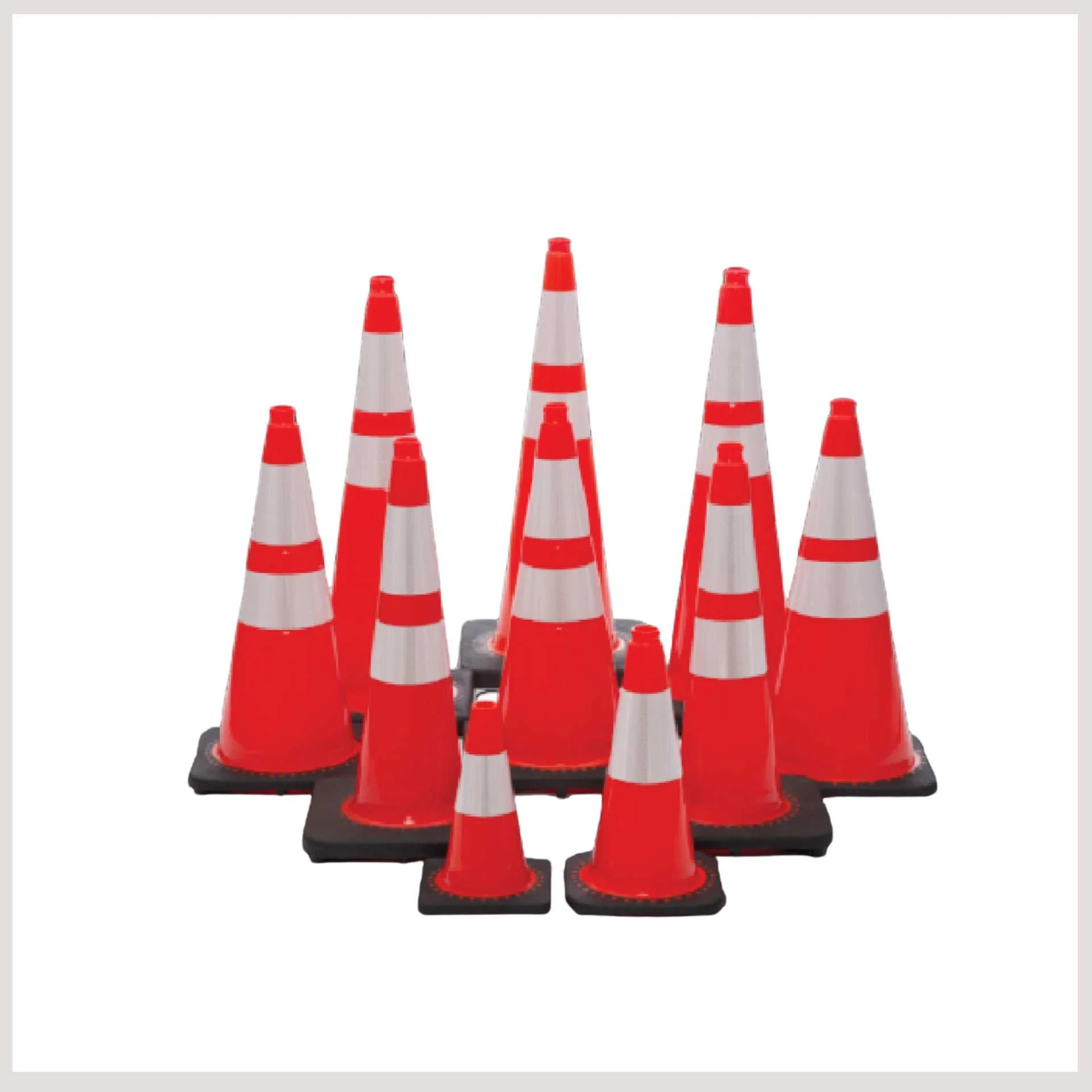 A collection of red and white traffic cones arranged together on a surface