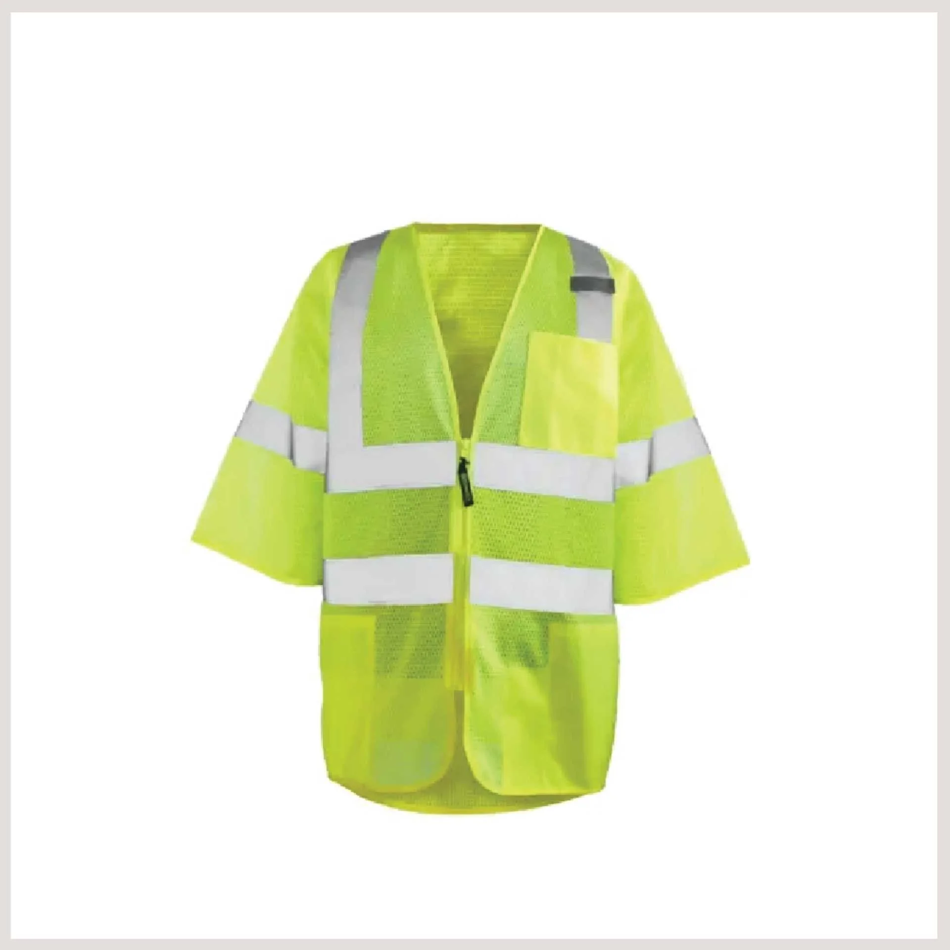 A yellow safety vest featuring reflective stripes, designed for visibility and safety in various environments.