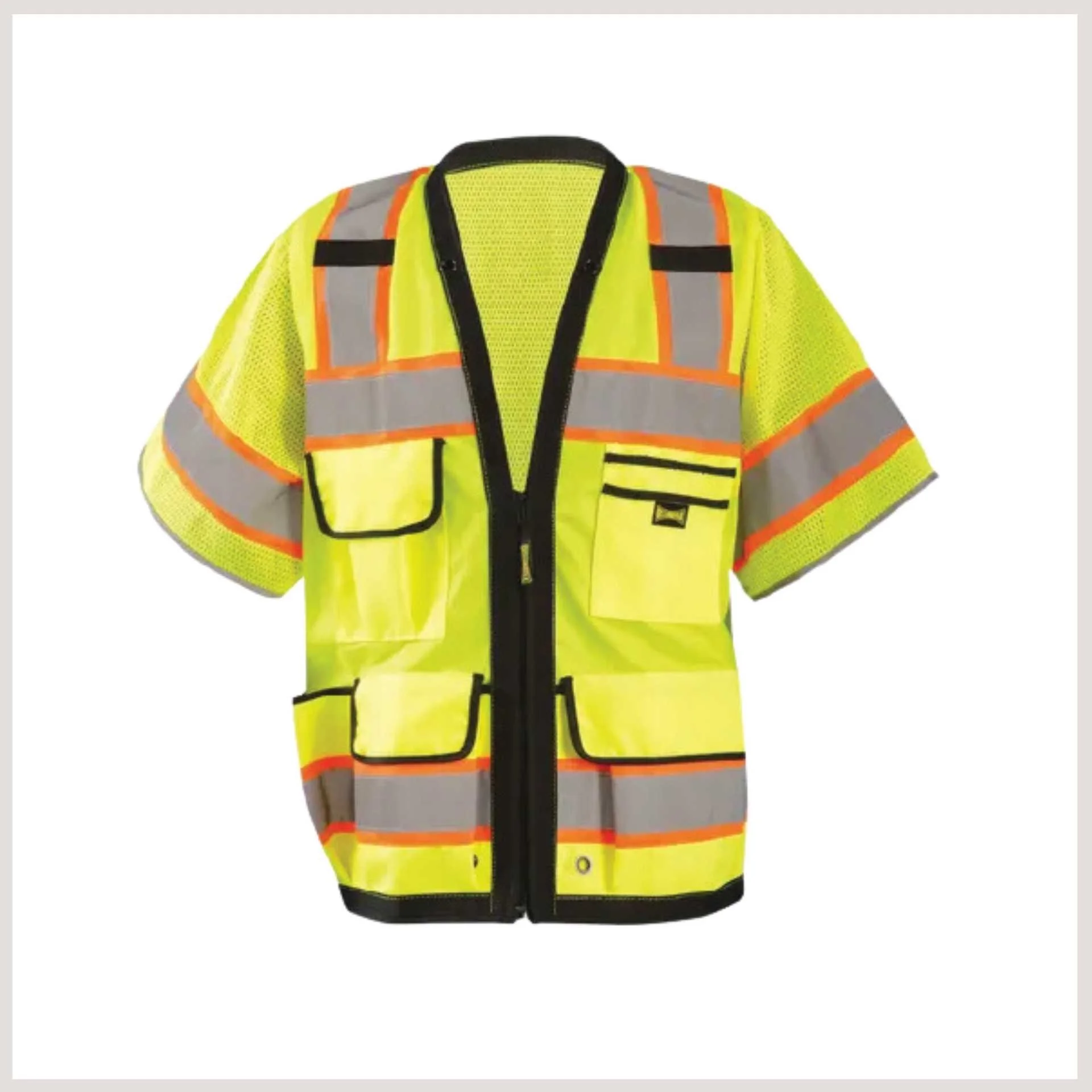 A yellow safety vest featuring reflective stripes, designed for visibility and safety in various environments.