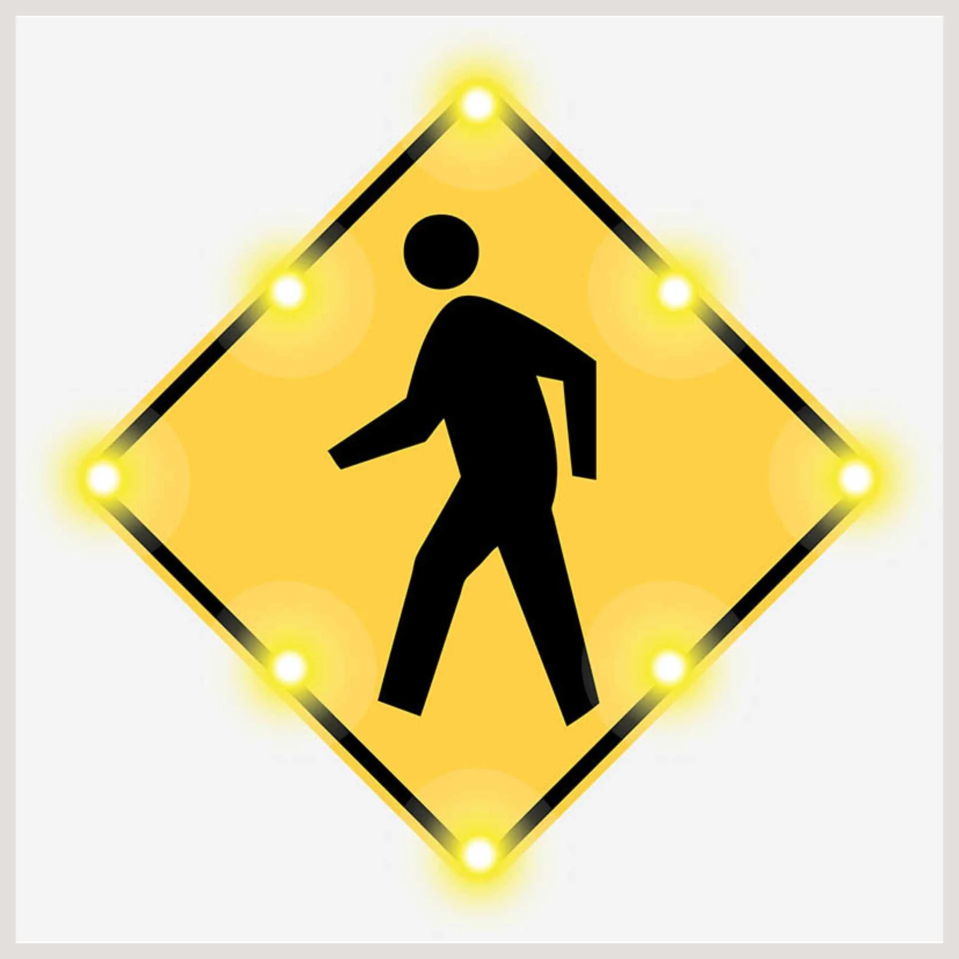 A yellow pedestrian sign illuminated by glowing lights, indicating a safe crossing area for pedestrians.