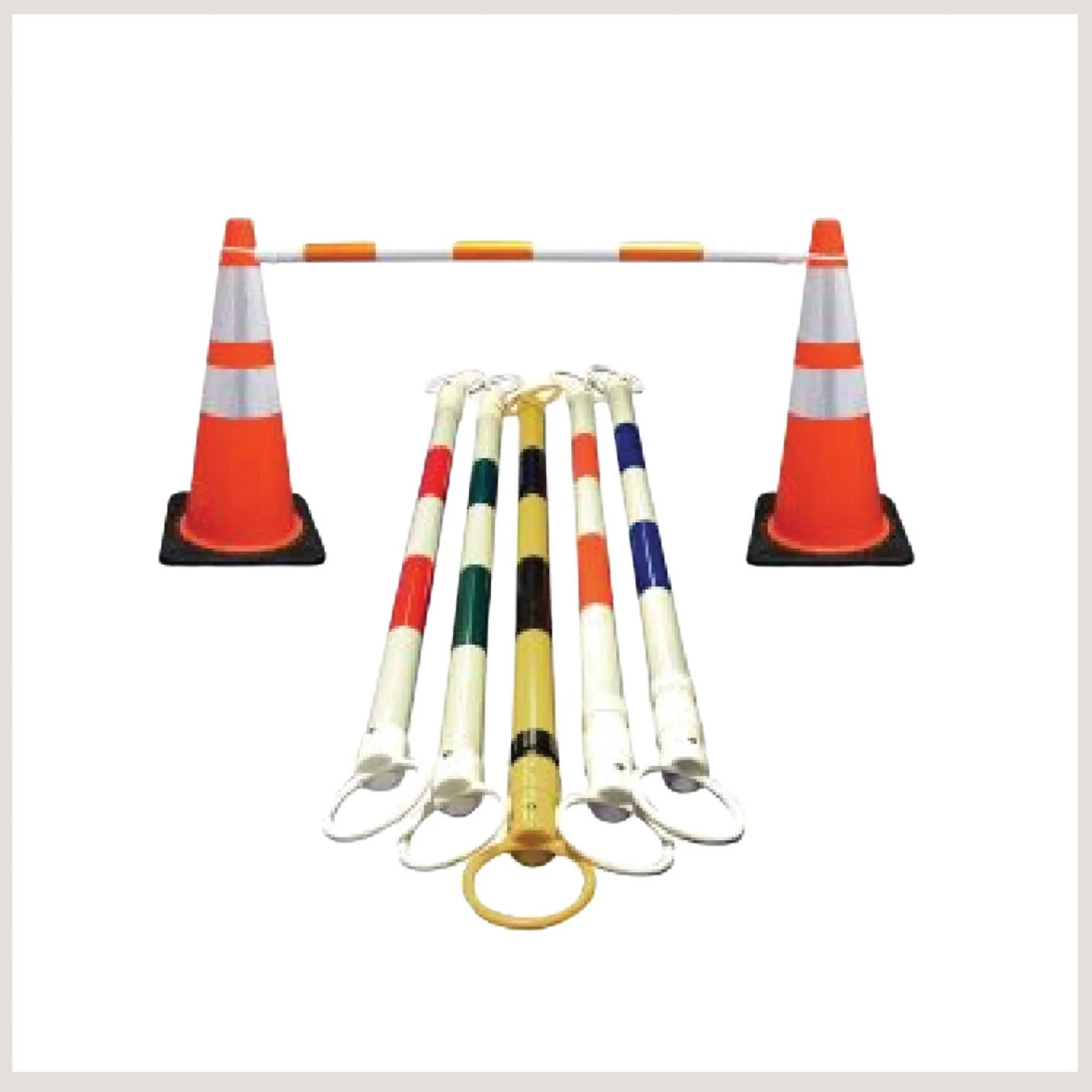 A collection of traffic cones in various colors arranged on a road, highlighting their distinct hues and shapes.