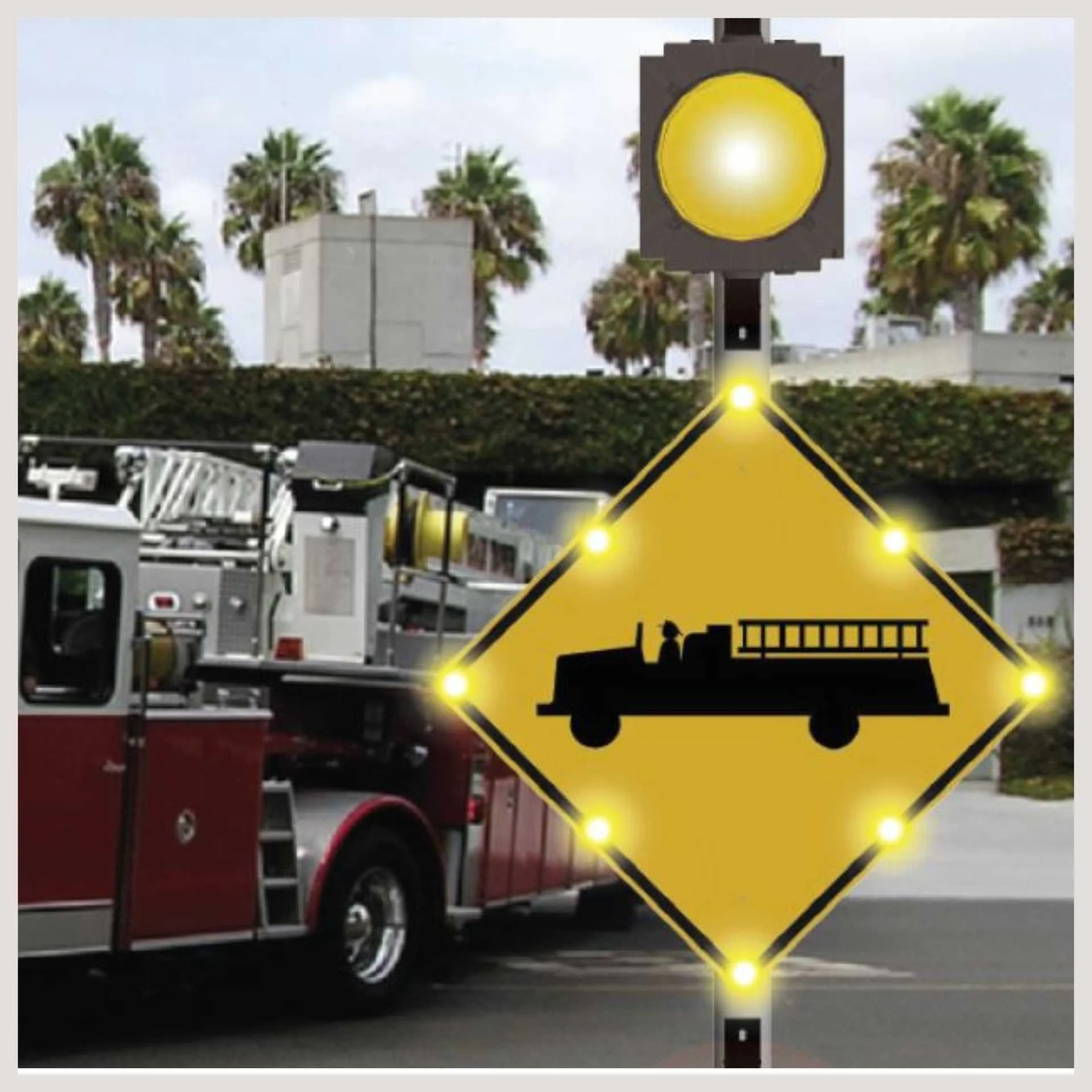 A yellow traffic sign featuring a fire truck, indicating caution or awareness for emergency vehicles ahead.