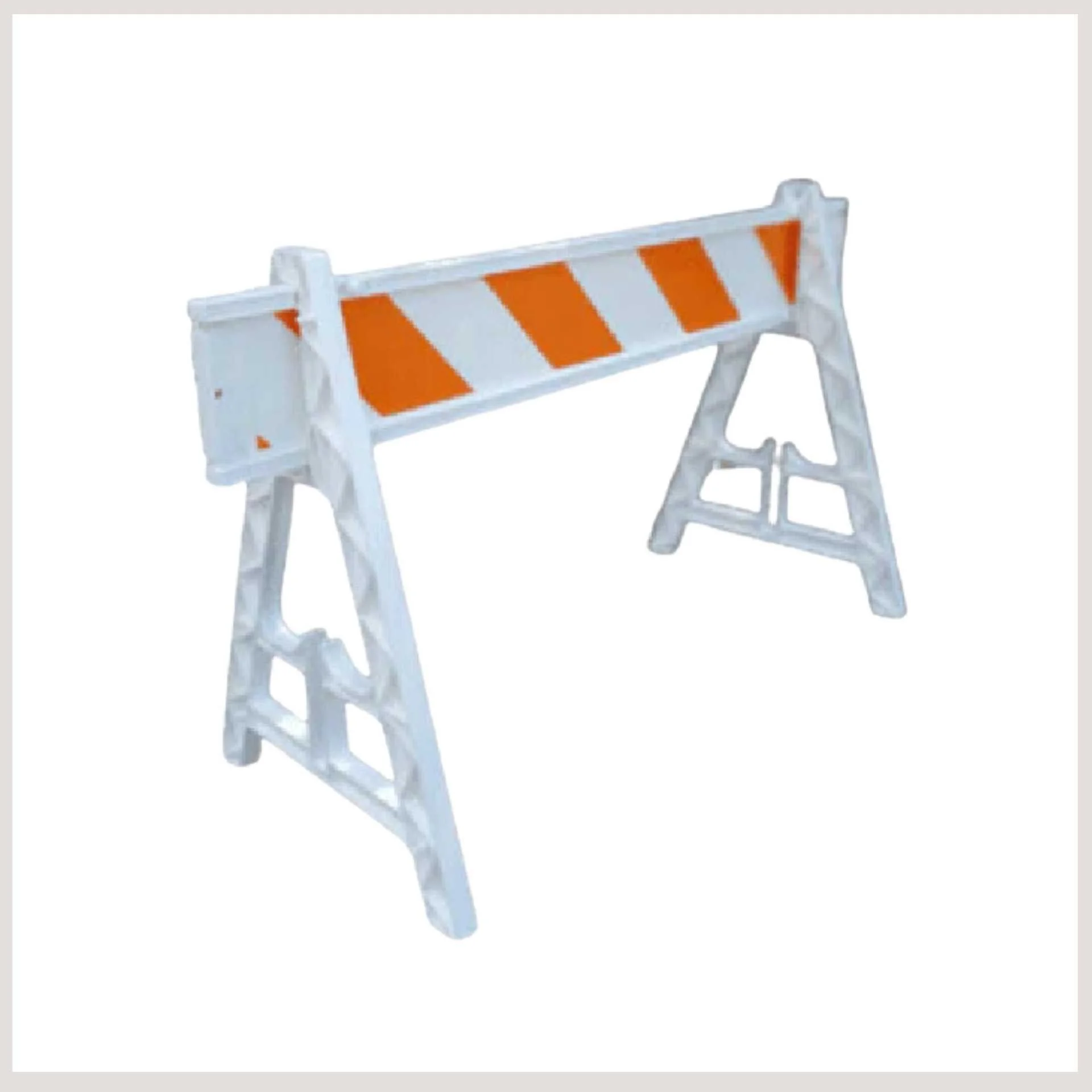 A white and orange construction barrier featuring orange stripes, supported by A-legs for stability.