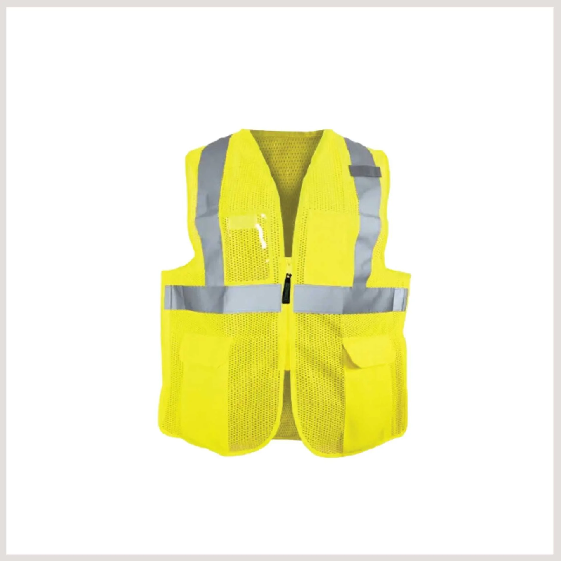 A yellow vest featuring reflective strips prominently displayed on the front for enhanced visibility and safety.