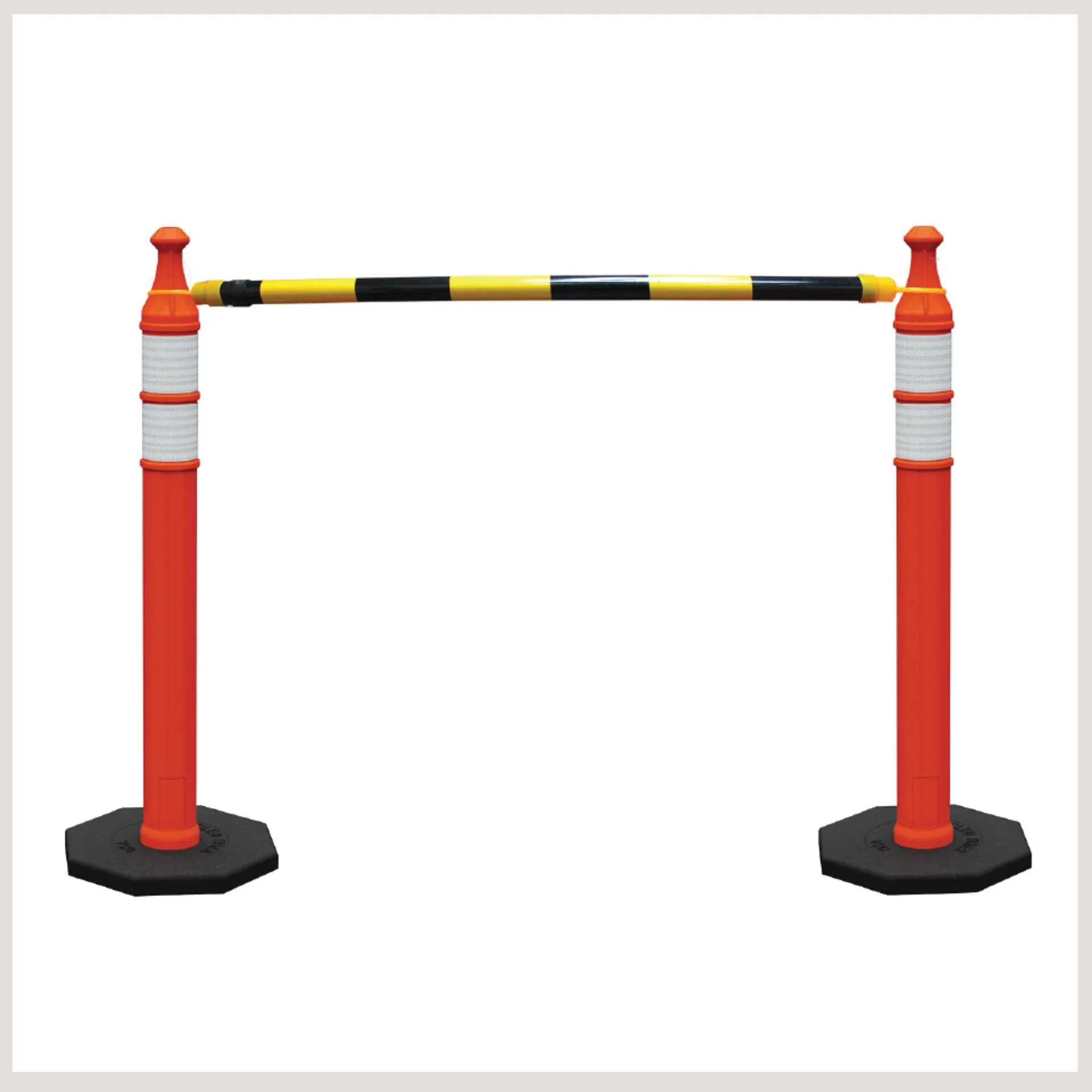 A pair of orange and black delineator poles with a barrier, marking a designated area for safety and guidance.