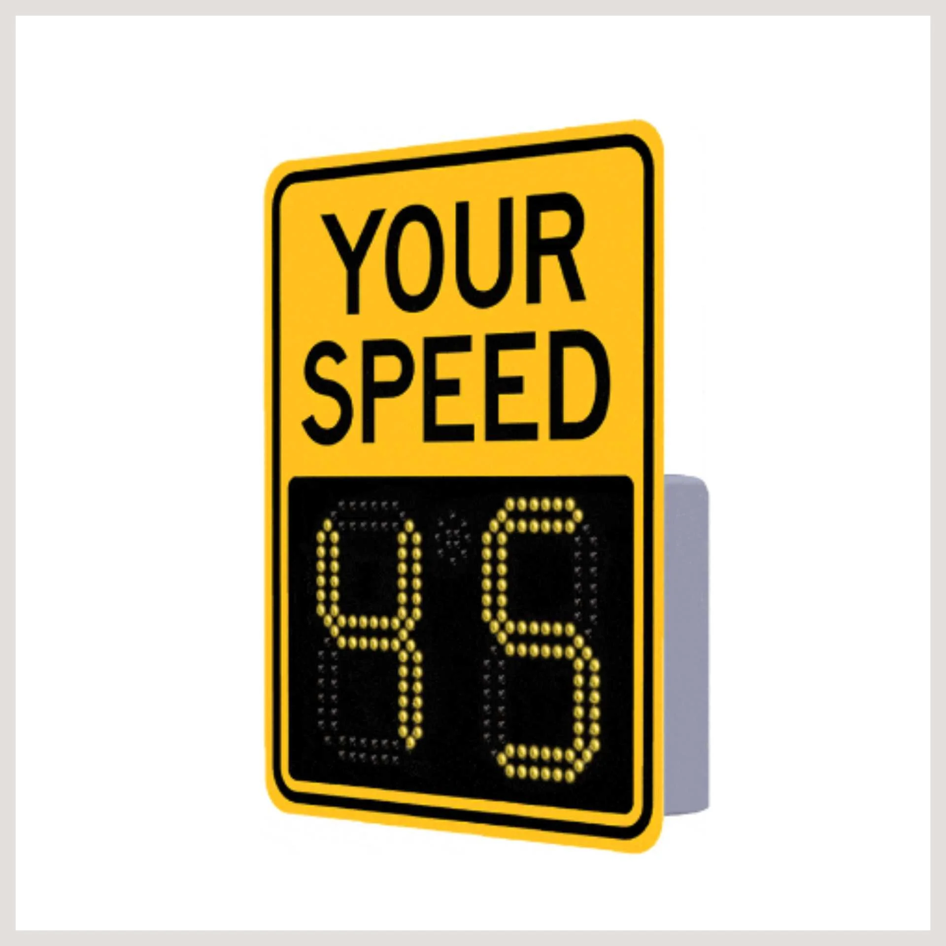 A yellow and black speed limit sign displaying the message "Your Speed 45" prominently in bold letters.