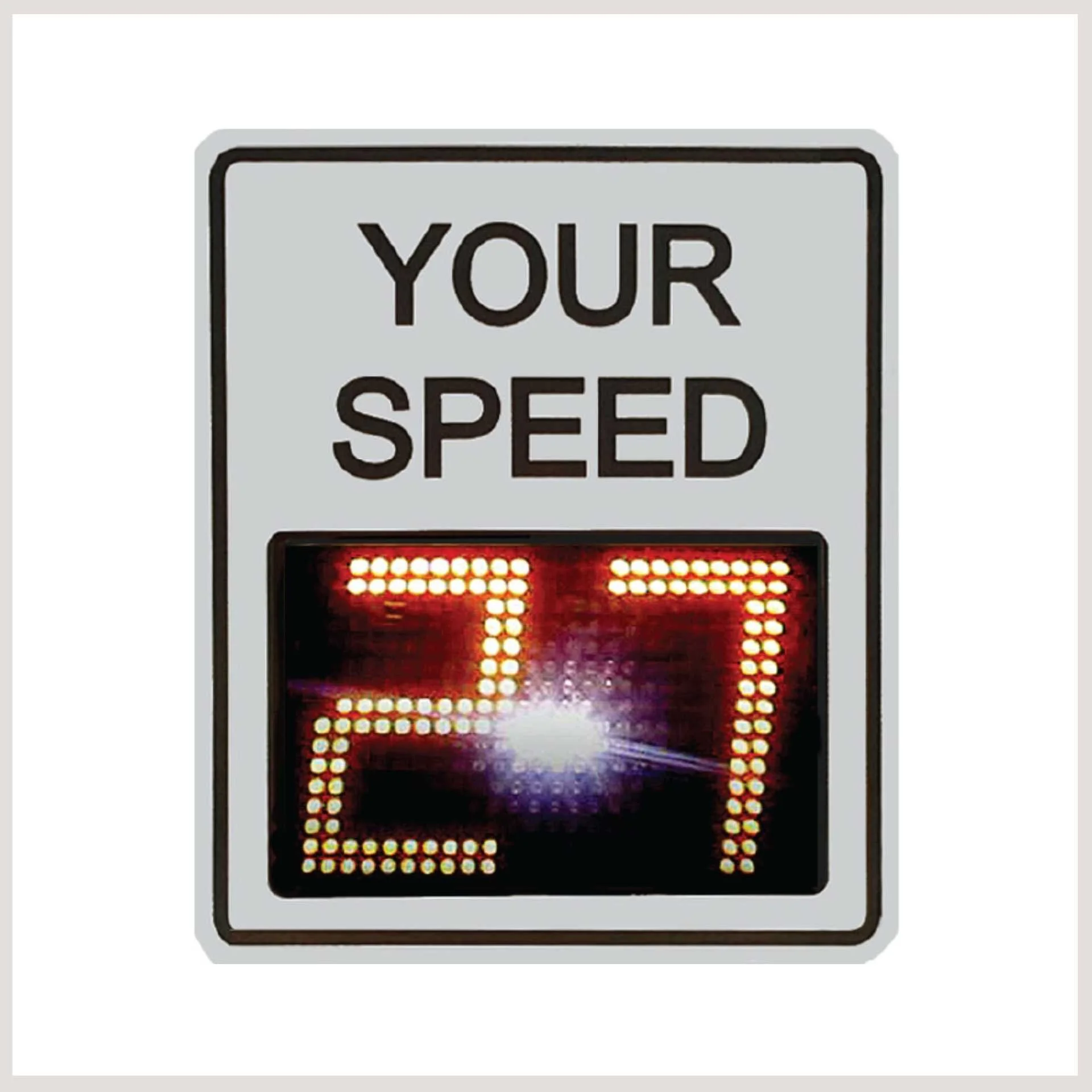 A white and black speed sign displaying the message "Your Speed 27" prominently in bold letters.