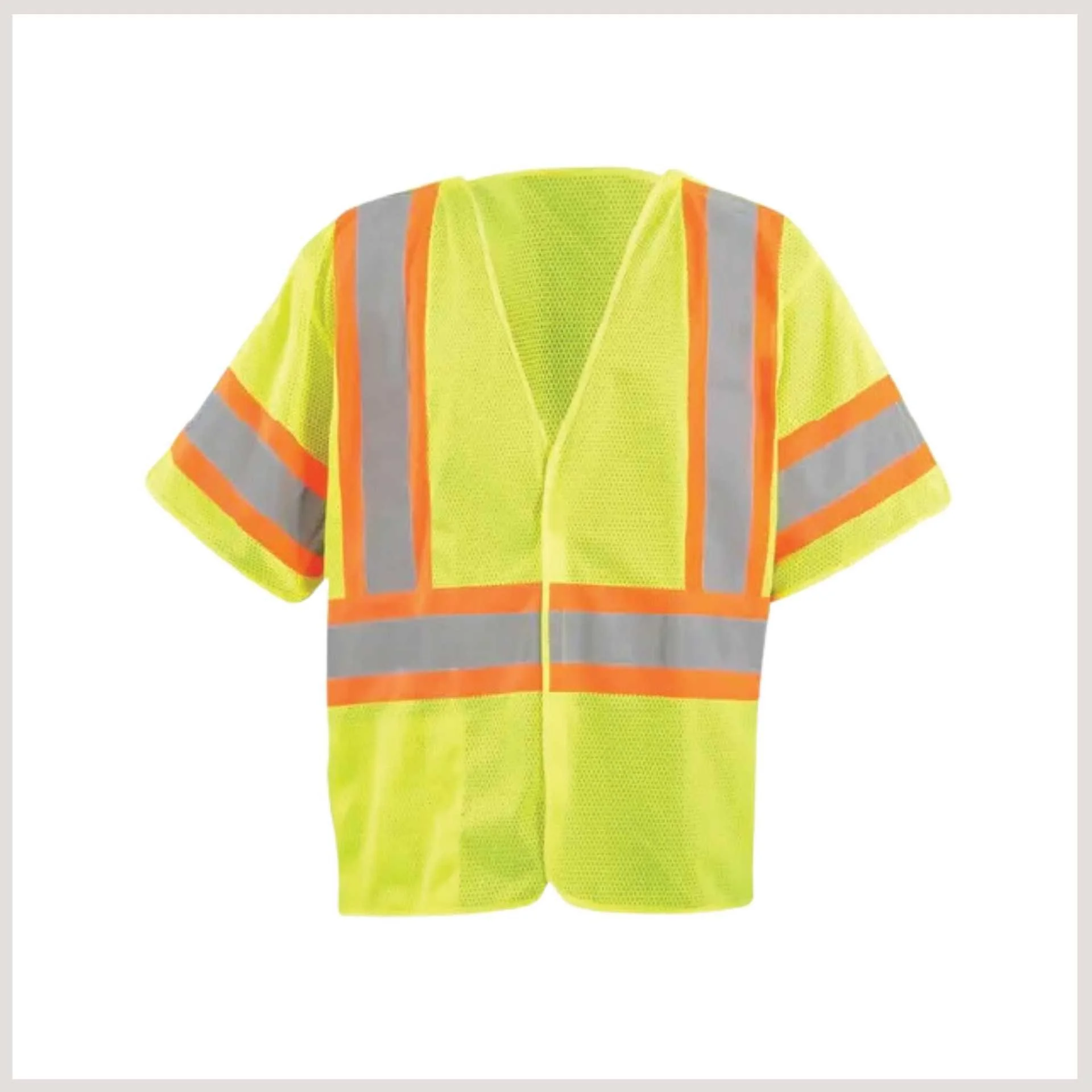 A yellow safety vest featuring reflective stripes, designed for visibility and safety in various environments.