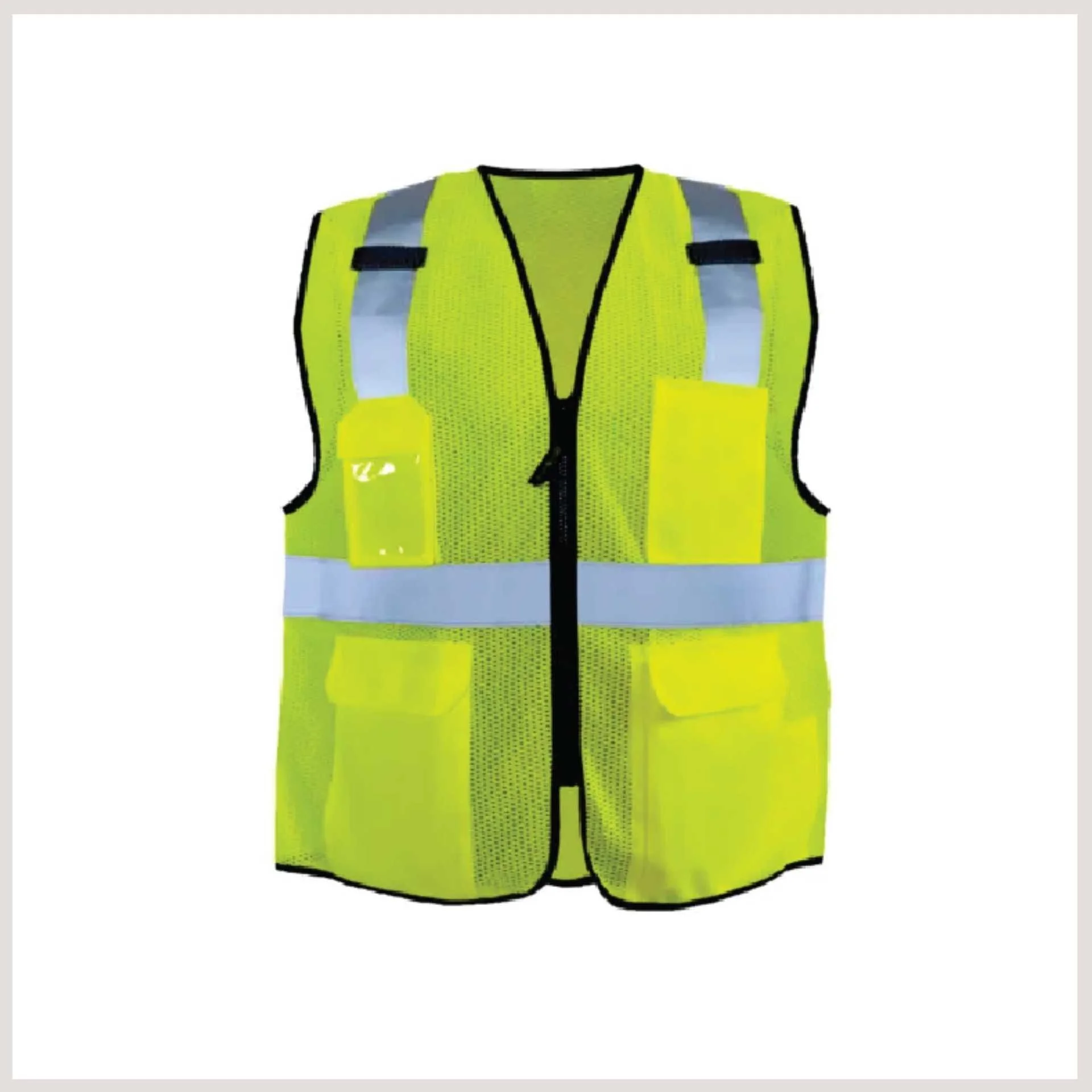 A yellow vest featuring reflective strips prominently displayed on the front for enhanced visibility and safety.