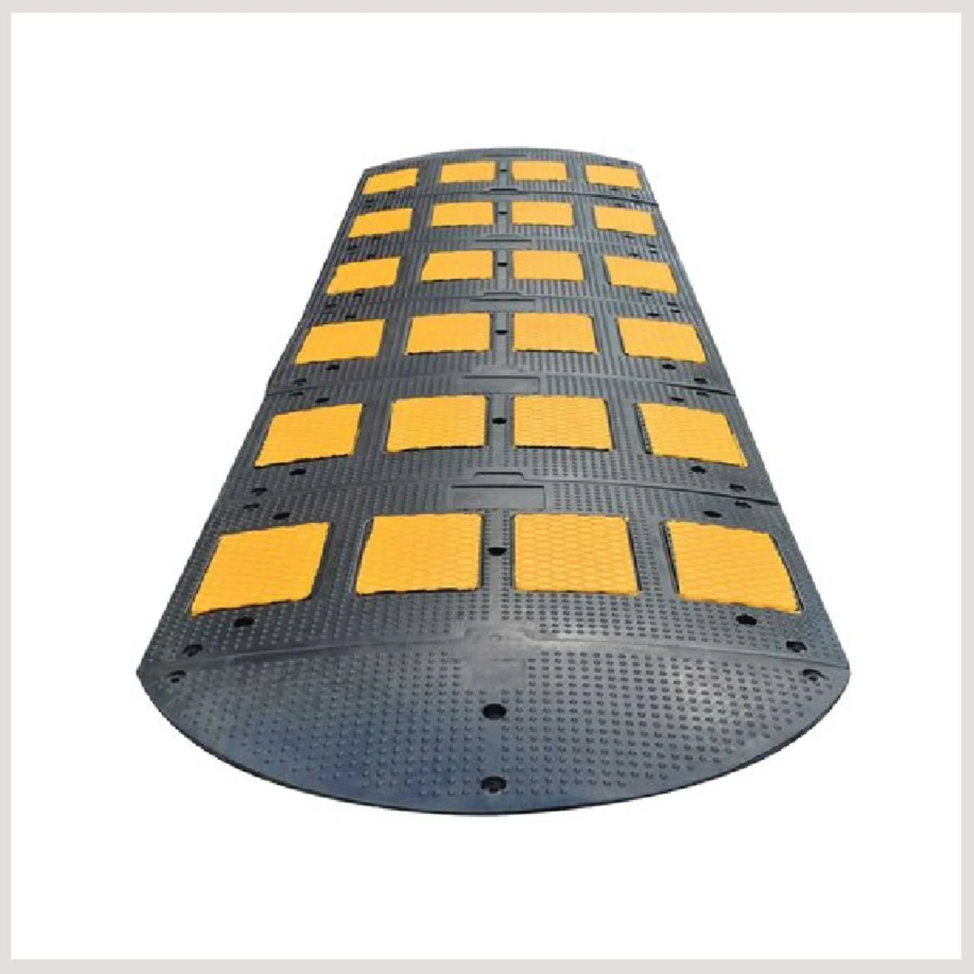 A plastic hump in yellow and black, showcasing a design of yellow squares arranged on a black surface.