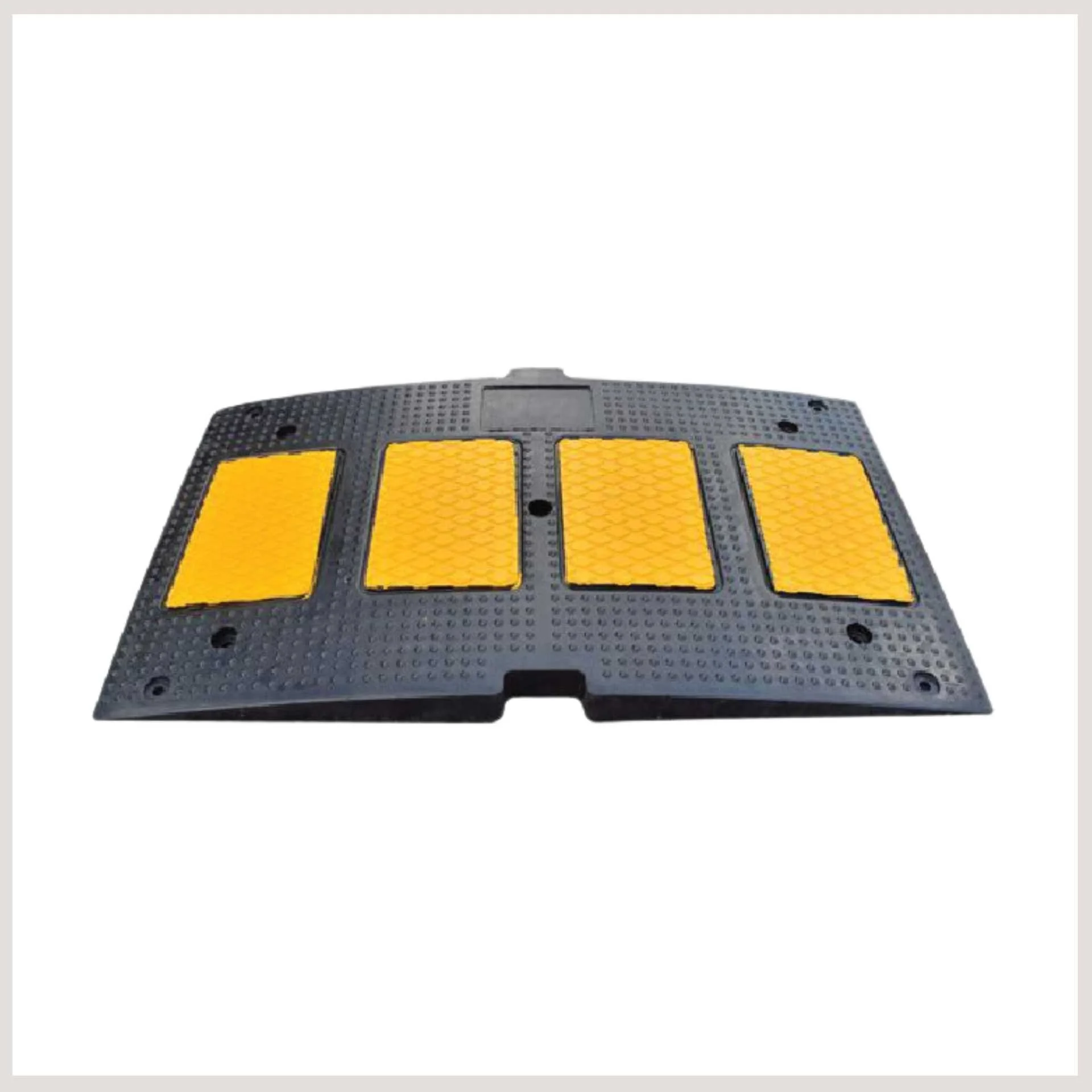 A yellow and black plastic hump featuring four distinct yellow squares arranged on its surface.